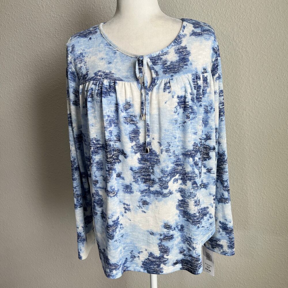New Bon Worth Blue White Knit Pullover Sweater Women's M Petite Stretch Top
